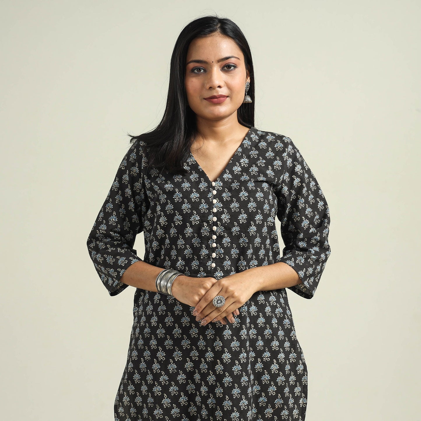 Black with Flower Ajrakh Hand Block Printed Cotton Kurta