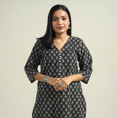 Black with Flower Ajrakh Hand Block Printed Cotton Kurta