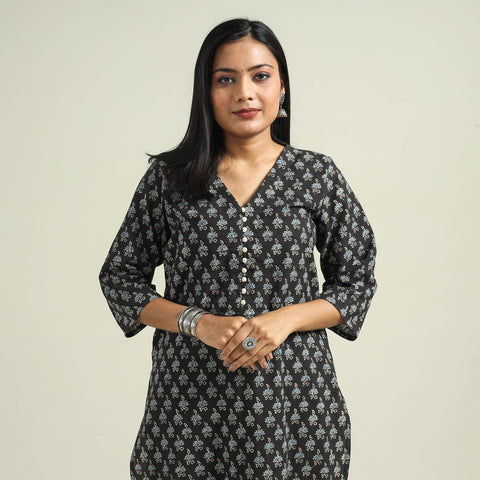 Black with Flower Ajrakh Hand Block Printed Cotton Kurta
