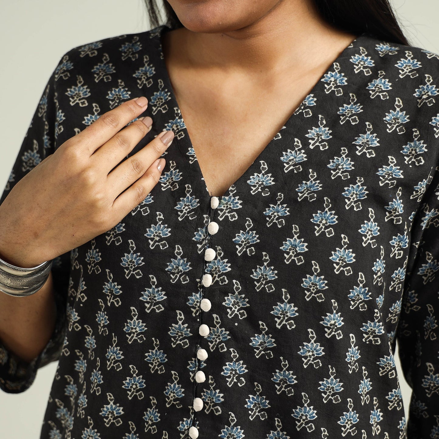 Black with Flower Ajrakh Hand Block Printed Cotton Kurta