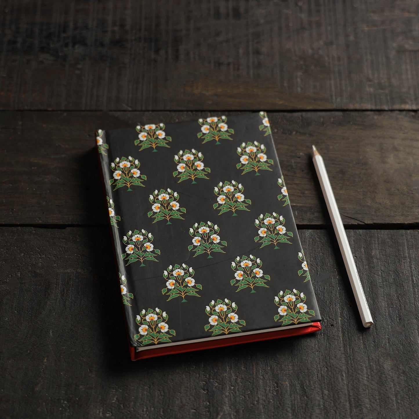Black - flower motif handmade notebook - handcrafted