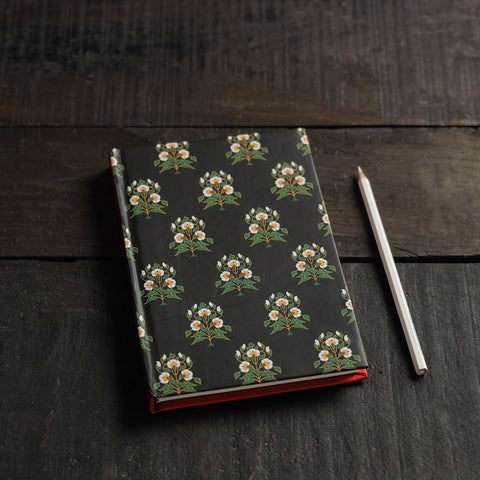 Black - flower motif handmade notebook - handcrafted