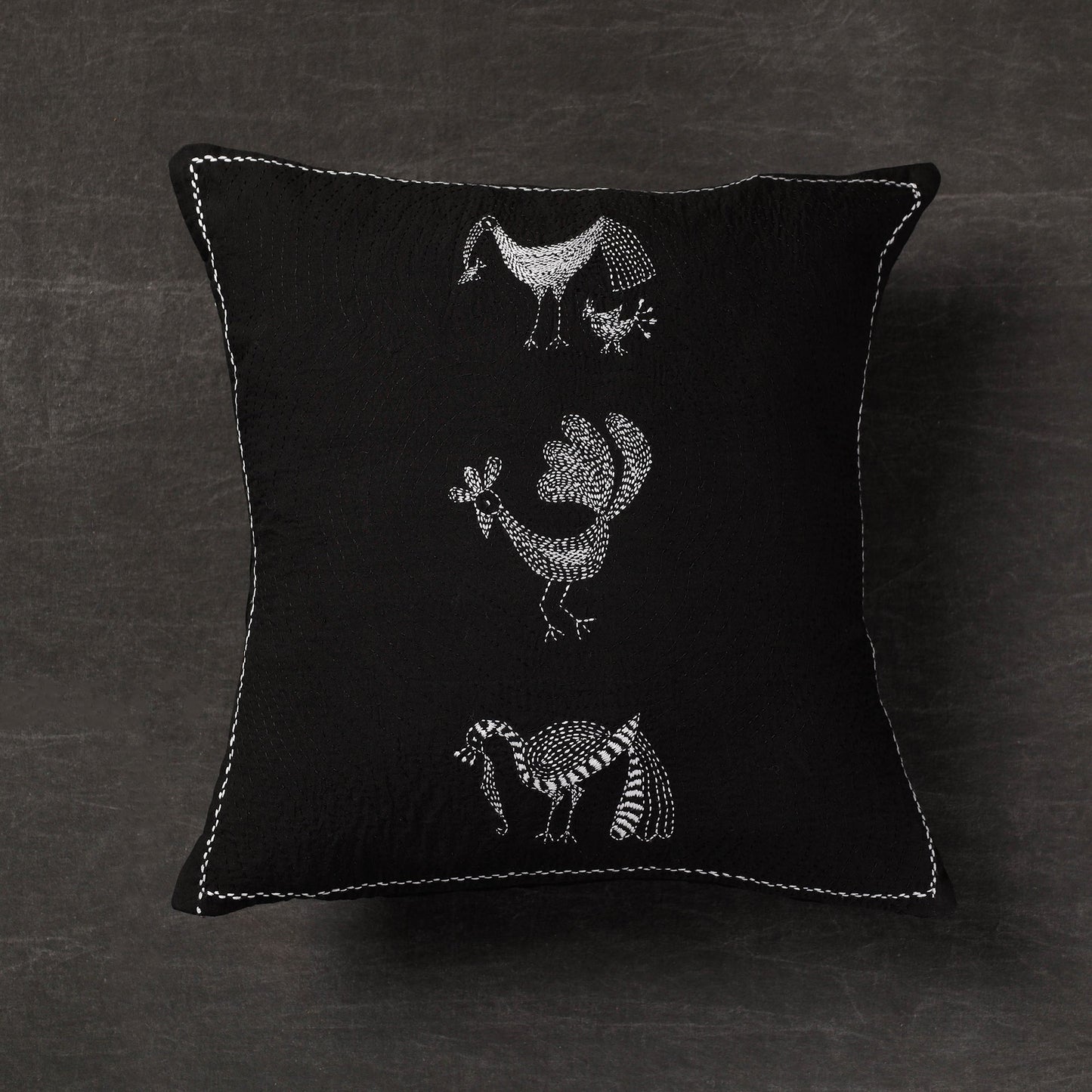 Black - Folk Motif Birds - Kantha Embroidery Handloom Cotton Cushion Cover (16 x 16 in)