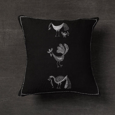 Black - Folk Motif Birds - Kantha Embroidery Handloom Cotton Cushion Cover (16 x 16 in)