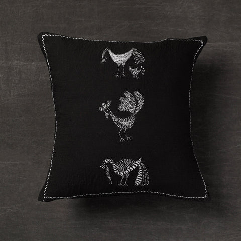 Black - Folk Motif Birds - Kantha Embroidery Handloom Cotton Cushion Cover (16 x 16 in)