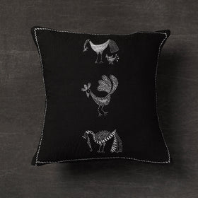 Black - Folk Motif Birds - Kantha Embroidery Handloom Cotton Cushion Cover (16 x 16 in)