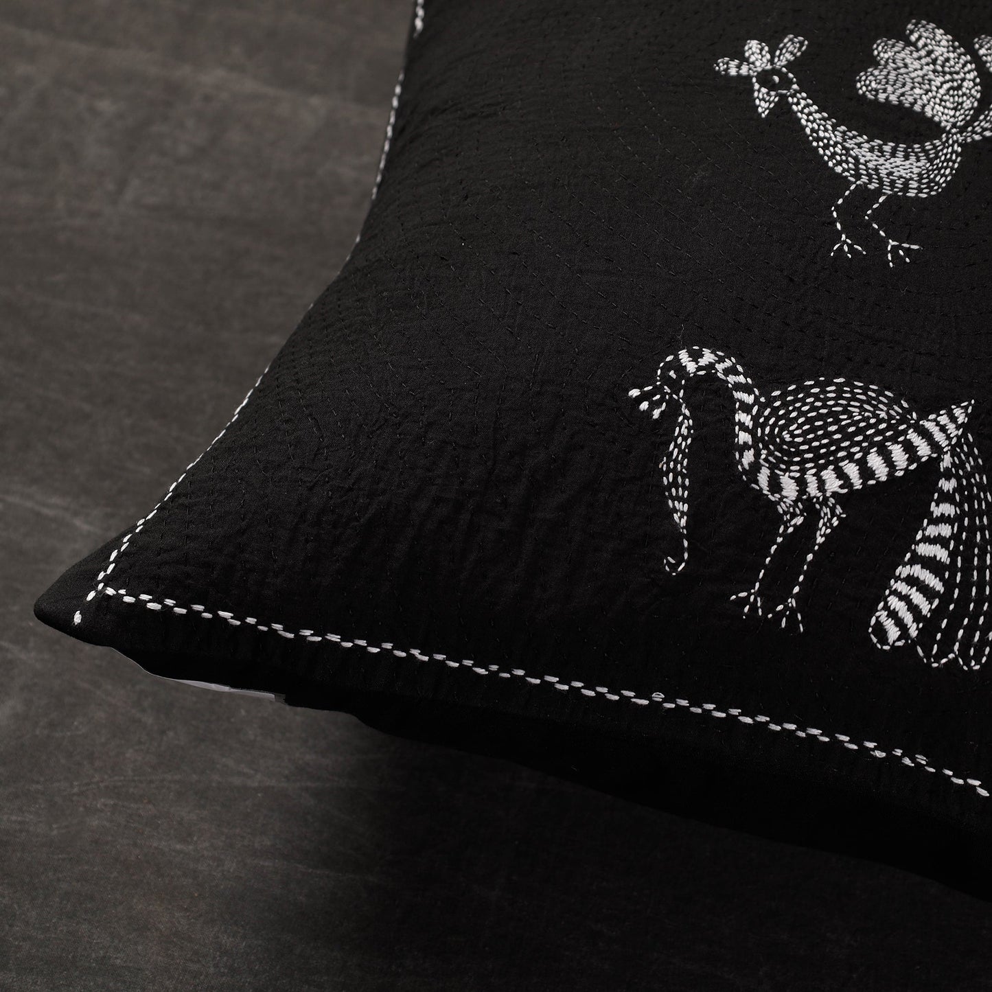 Black - Folk Motif Birds - Kantha Embroidery Handloom Cotton Cushion Cover (16 x 16 in)