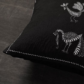 Black - Folk Motif Birds - Kantha Embroidery Handloom Cotton Cushion Cover (16 x 16 in)