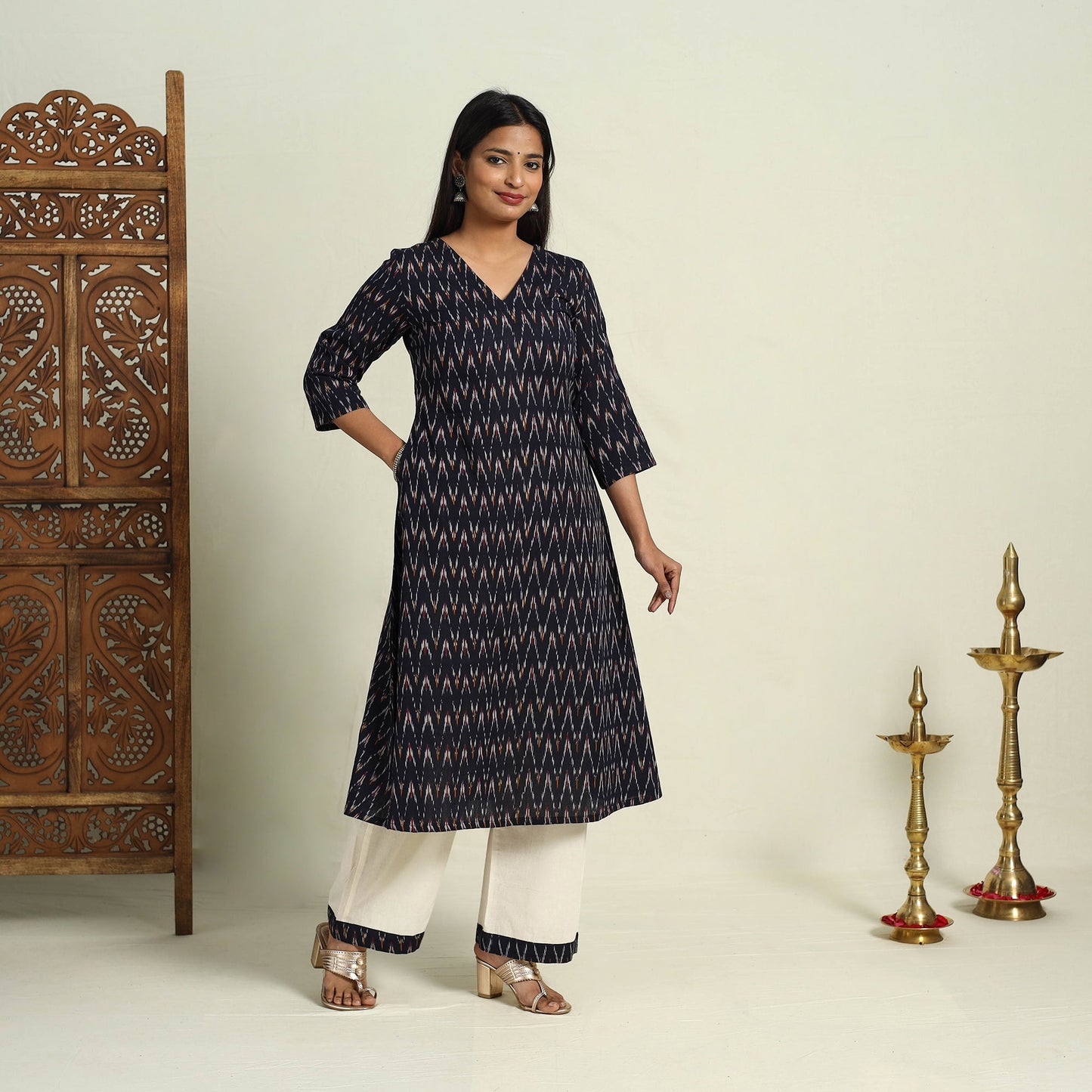 Buy Black Frock Style Cotton Pochampally Ikat Kurta Set 