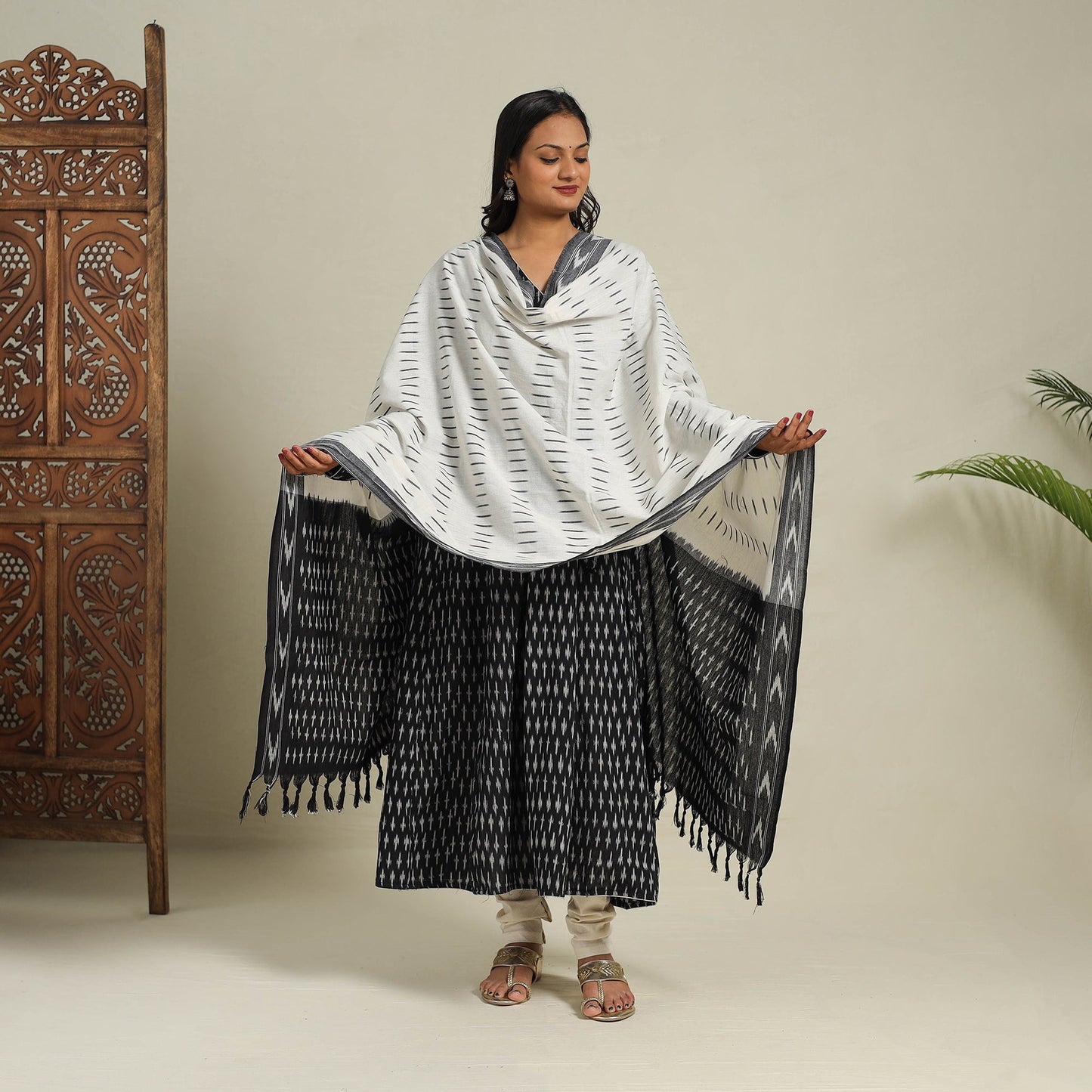  Black Frock Style Cotton Pochampally Ikat Kurta Set 