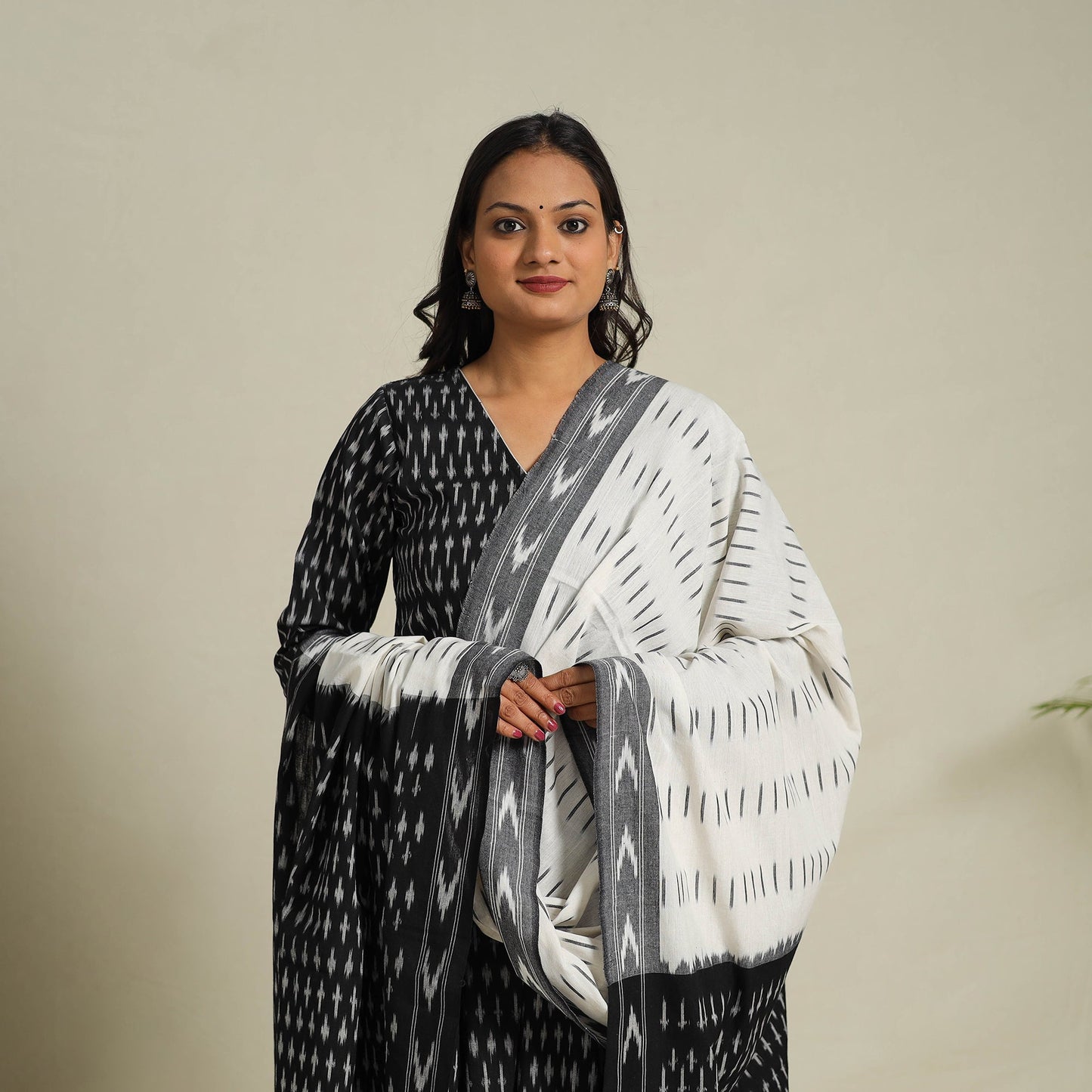  Black Frock Style Cotton Pochampally Ikat Kurta Set 