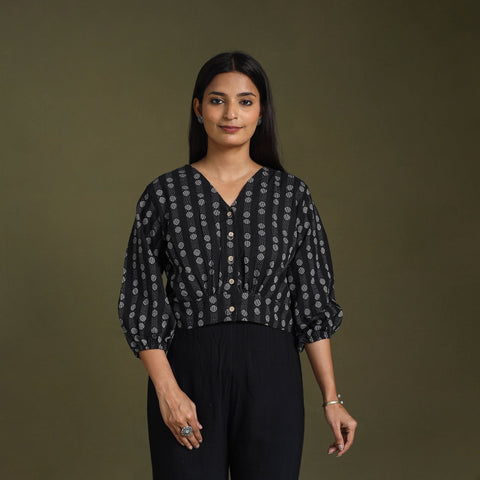  Black Full Sleeve Cotton Jacquard Crop Top