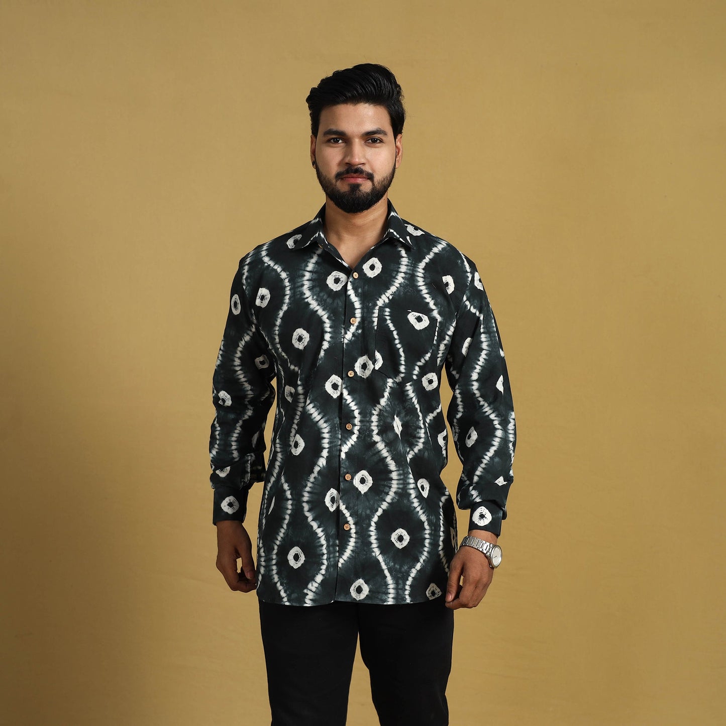  Black Full Sleeve Tie & Dye Cotton Men Shibori Shirt