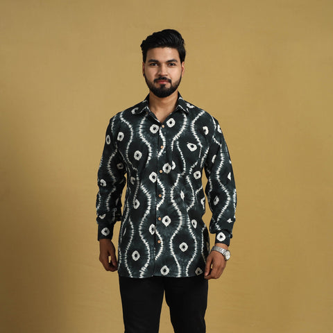  Black Full Sleeve Tie & Dye Cotton Men Shibori Shirt