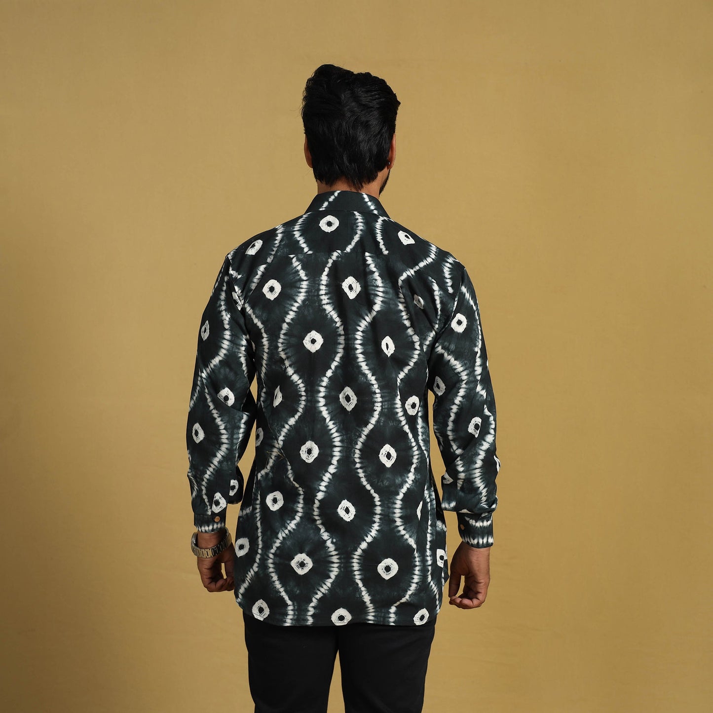  Black Full Sleeve Tie & Dye Cotton Men Shibori Shirt