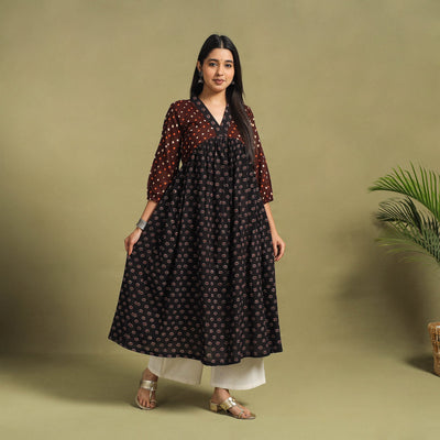 Fusion Mul Cotton Flared Black Ajrakh Kurta for Women