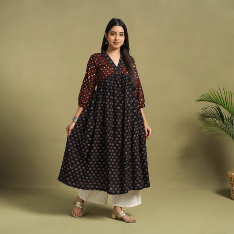 Fusion Mul Cotton Flared Black Ajrakh Kurta for Women