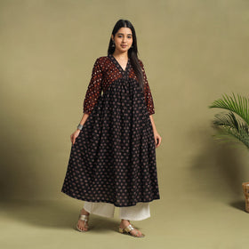 Fusion Mul Cotton Flared Black Ajrakh Kurta for Women