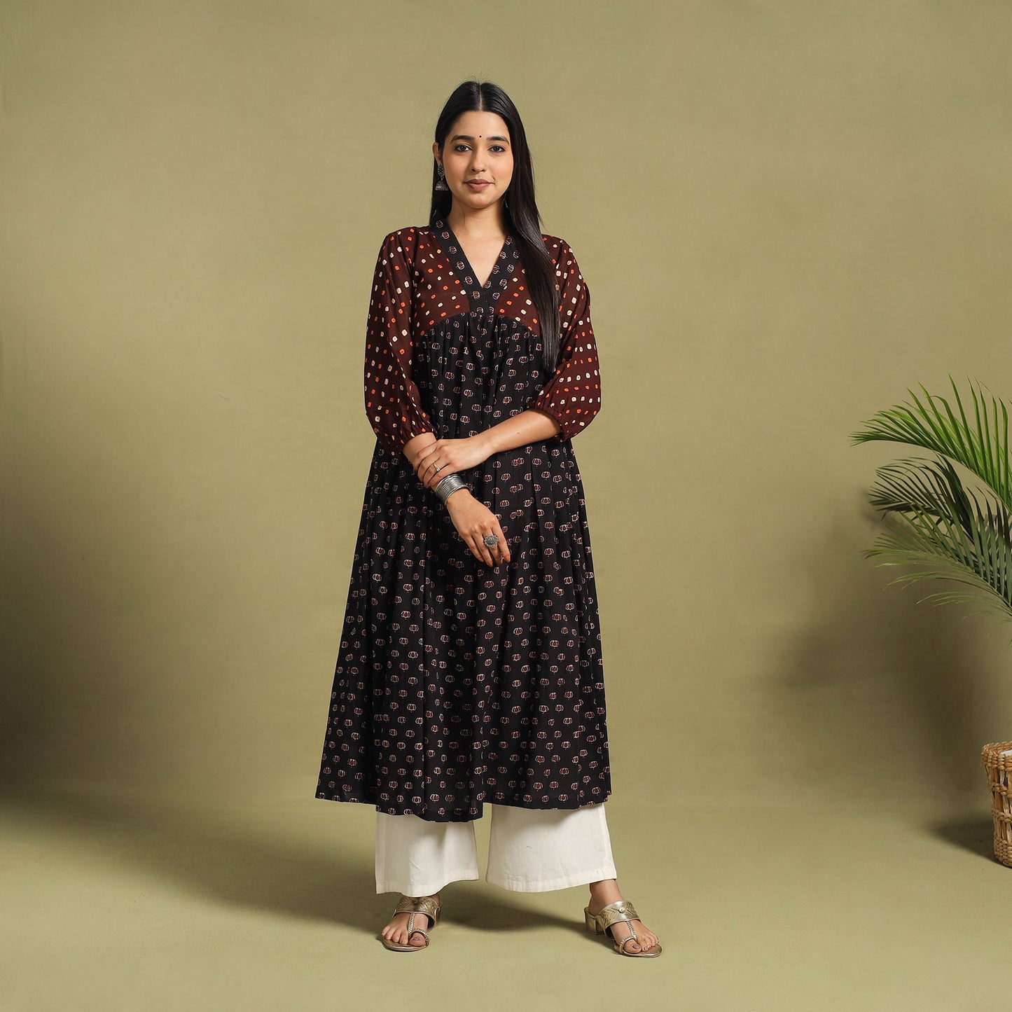 Fusion Mul Cotton Flared Black Ajrakh Kurta for Women