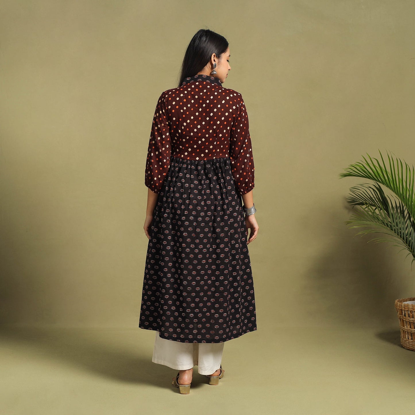 Fusion Mul Cotton Flared Black Ajrakh Kurta for Women