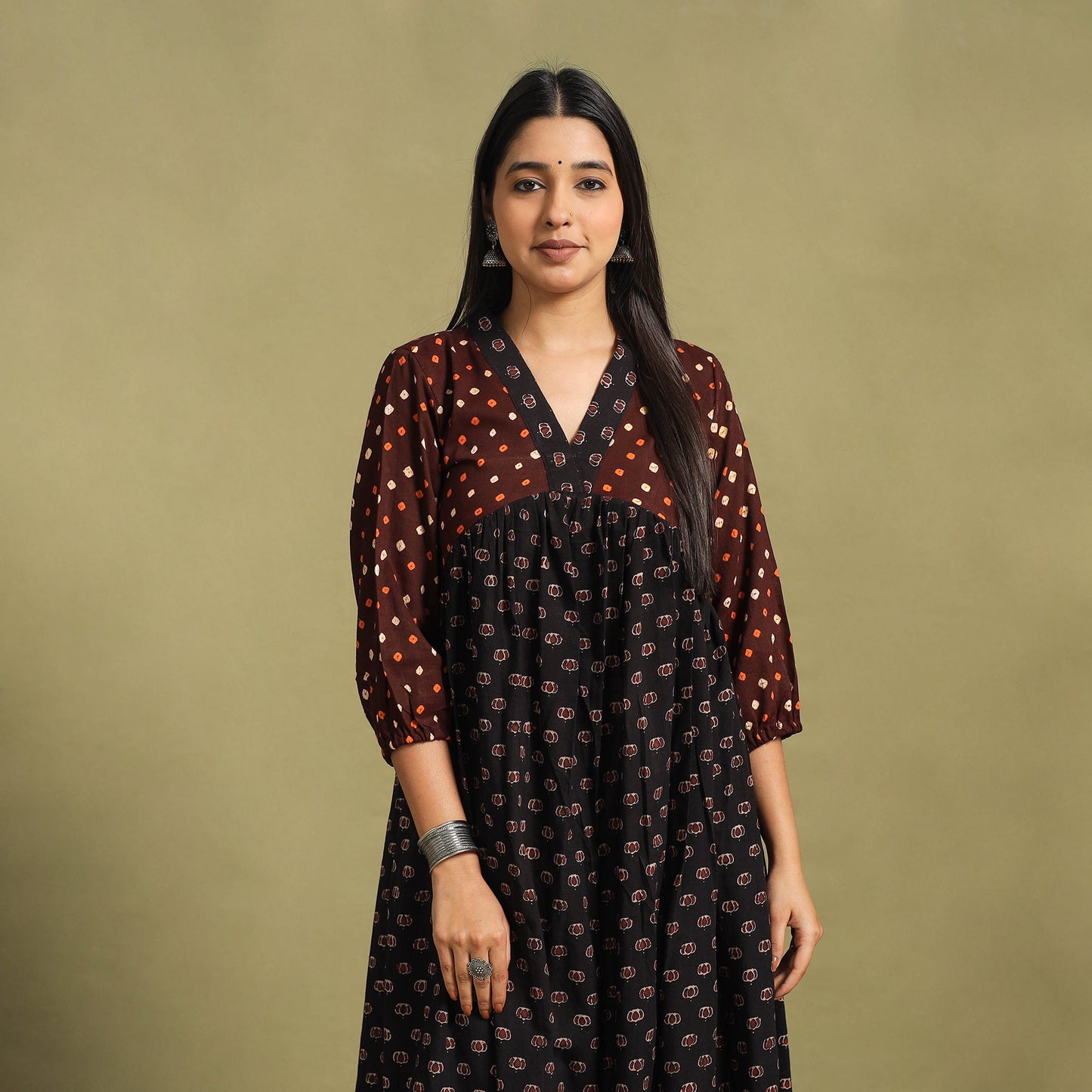Fusion Mul Cotton Flared Black Ajrakh Kurta for Women