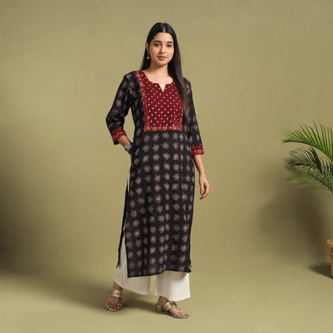 Fusion Mul Cotton Straight Black Ajrakh Kurta for Women