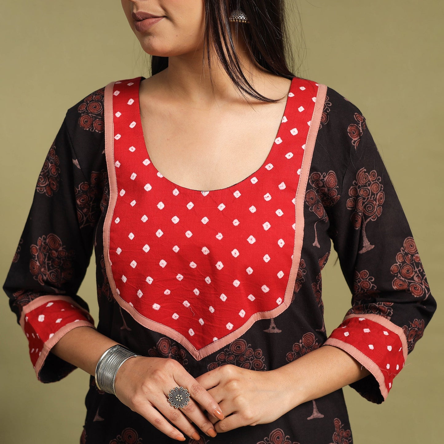 Fusion Mul Cotton Straight Black Ajrakh Kurta for Women