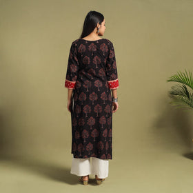 Fusion Mul Cotton Straight Black Ajrakh Kurta for Women