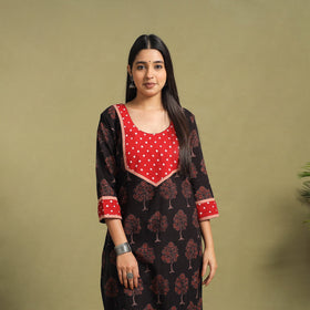 Fusion Mul Cotton Straight Black Ajrakh Kurta for Women