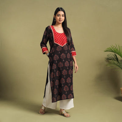Fusion Mul Cotton Straight Black Ajrakh Kurta for Women