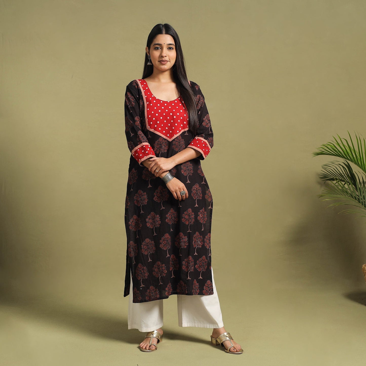 Fusion Mul Cotton Straight Black Ajrakh Kurta for Women