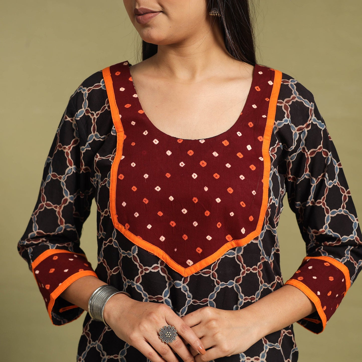 Fusion Mul Cotton Straight Black Ajrakh Kurta for Women