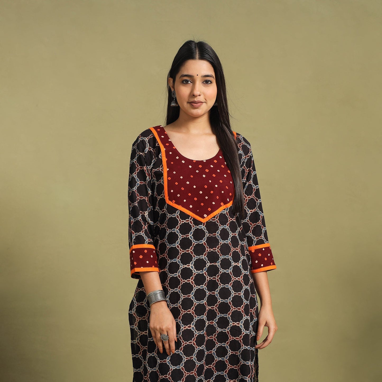 Fusion Mul Cotton Straight Black Ajrakh Kurta for Women