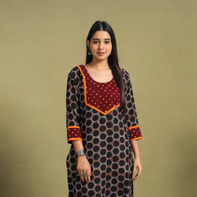 Fusion Mul Cotton Straight Black Ajrakh Kurta for Women