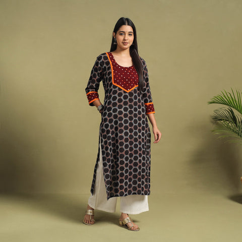 Fusion Mul Cotton Straight Black Ajrakh Kurta for Women