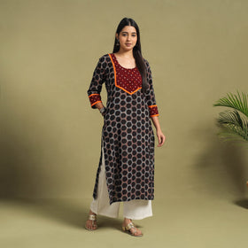Fusion Mul Cotton Straight Black Ajrakh Kurta for Women