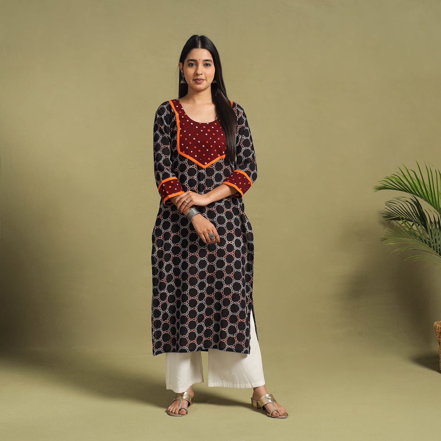 Fusion Mul Cotton Straight Black Ajrakh Kurta for Women