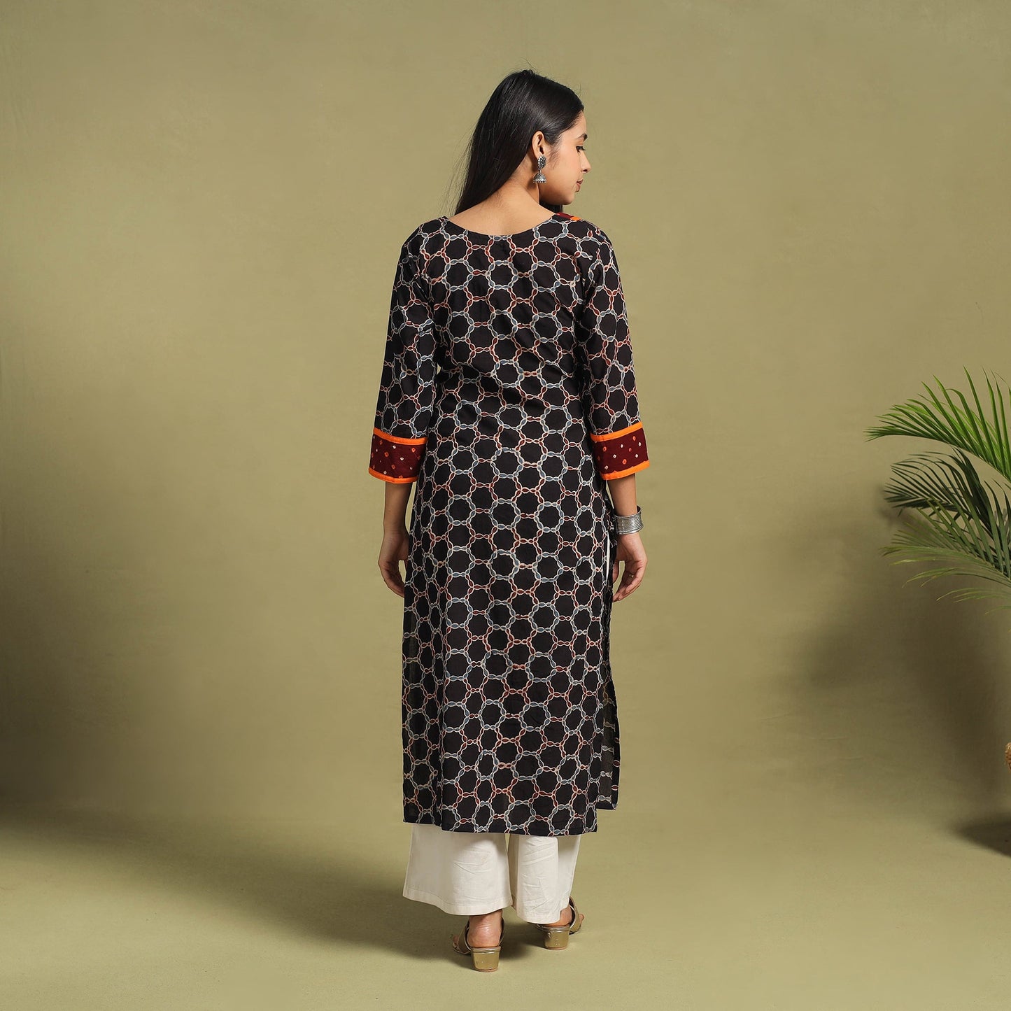 Fusion Mul Cotton Straight Black Ajrakh Kurta for Women
