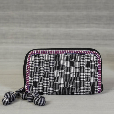 Black Gamcha Fabric Handmade Clutch Wallet by Rangila Dhaga