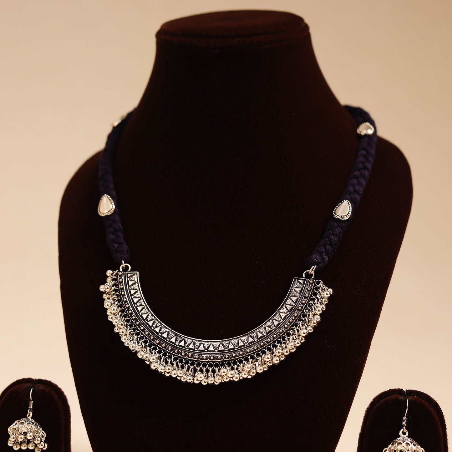 Black - german silver thread braided necklace set 05