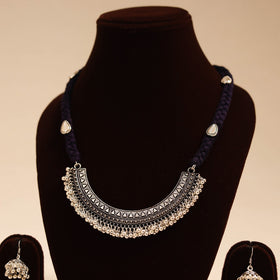 Black - german silver thread braided necklace set 05
