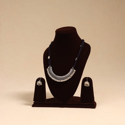 Black - german silver thread braided necklace set 05