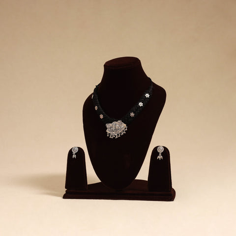 Black - german silver thread braided necklace set 39