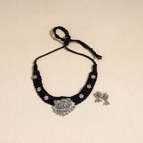 Black - german silver thread braided necklace set 39