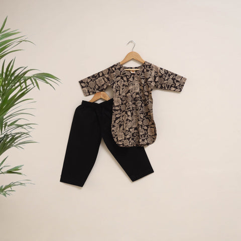 Black - girls kalamkari pure cotton kurta set (2-6 years)