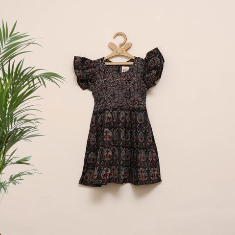 Girls pure cotton ajrakh hand block print frock dress (2-3