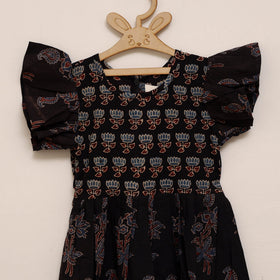 Black - girls pure cotton ajrakh hand block print frock