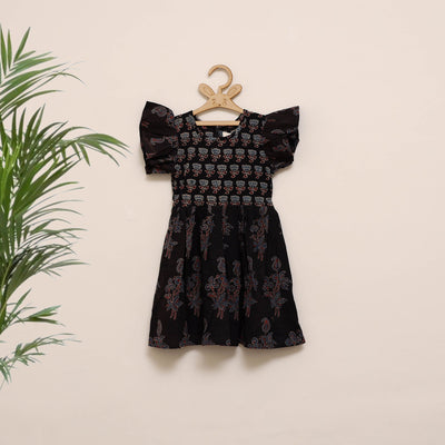 Black - girls pure cotton ajrakh hand block print frock