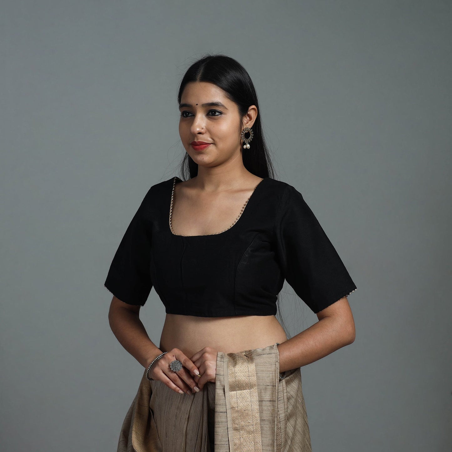 Black Gota Patti Slub Silk Plain Blouse Online