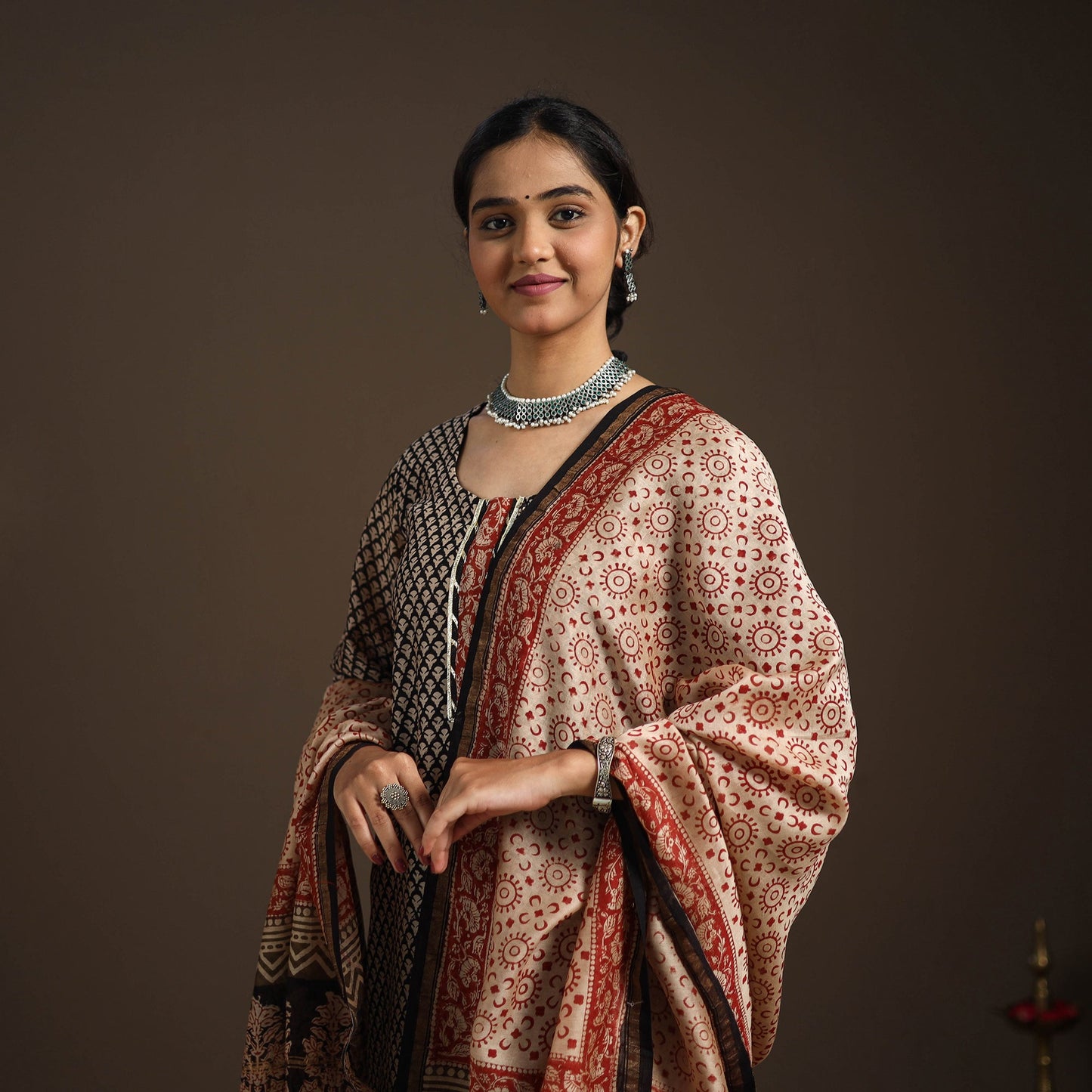 Black - gota work chanderi silk bagru kurta set (set of 3)